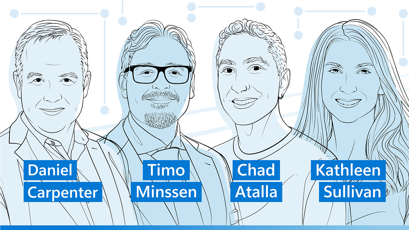 Illustrated headshots of Daniel Carpenter, Timo Minssen, Chad Atalla, and Kathleen Sullivan for the Microsoft Research Podcast