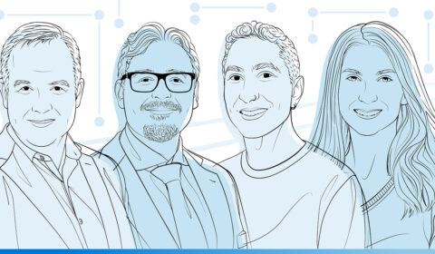 Illustrated headshots of Daniel Carpenter, Timo Minssen, Chad Atalla, and Kathleen Sullivan for the Microsoft Research Podcast