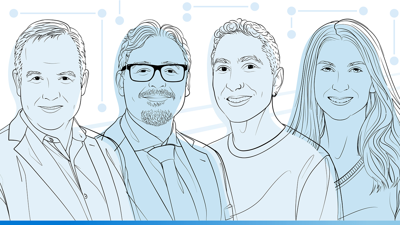 Illustrated headshots of Daniel Carpenter, Timo Minssen, Chad Atalla, and Kathleen Sullivan for the Microsoft Research Podcast