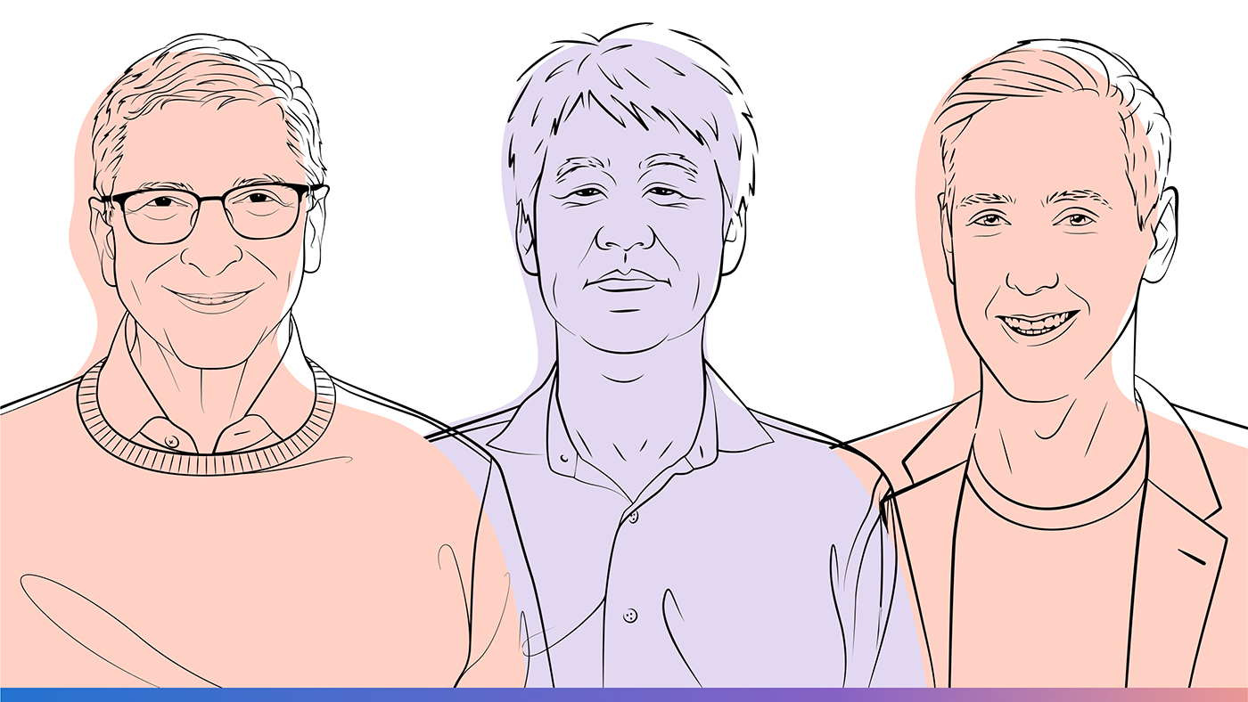 Illustrated headshot of Bill Gates, Peter Lee, and Sébastien Bubeck