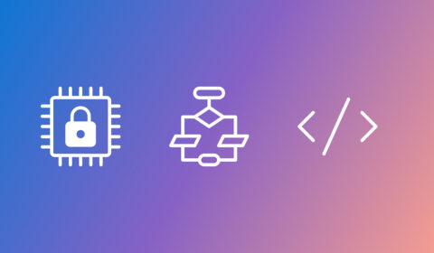 Three white icons on a gradient background that transitions from blue on the left to pink on the right. The first icon, on the left, is a microchip with a padlock in the center. The middle icon is a flowchart diagram with connected shapes. The third icon, on the right, consists of two angle brackets facing each other.