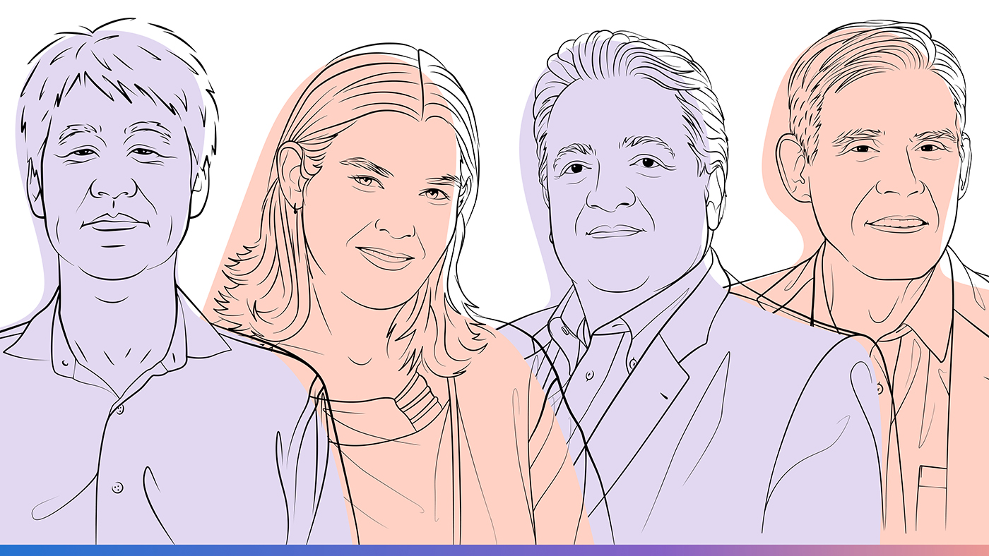 Illustrated images of Peter Lee, Daphne Koller, Noubar Afeyan, and Dr. Eric Topol for the Microsoft Research Podcast