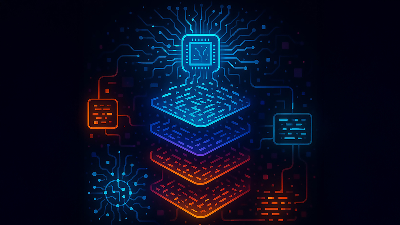 Stylized digital illustration of a multi-layered circuit board. A glowing blue microchip sits at the top center, with intricate circuitry radiating outward. Beneath it, four stacked layers transition in color from blue to orange, each featuring circuit-like patterns. Smaller rectangular and circular components are connected around the layers, all set against a dark background with scattered geometric shapes.