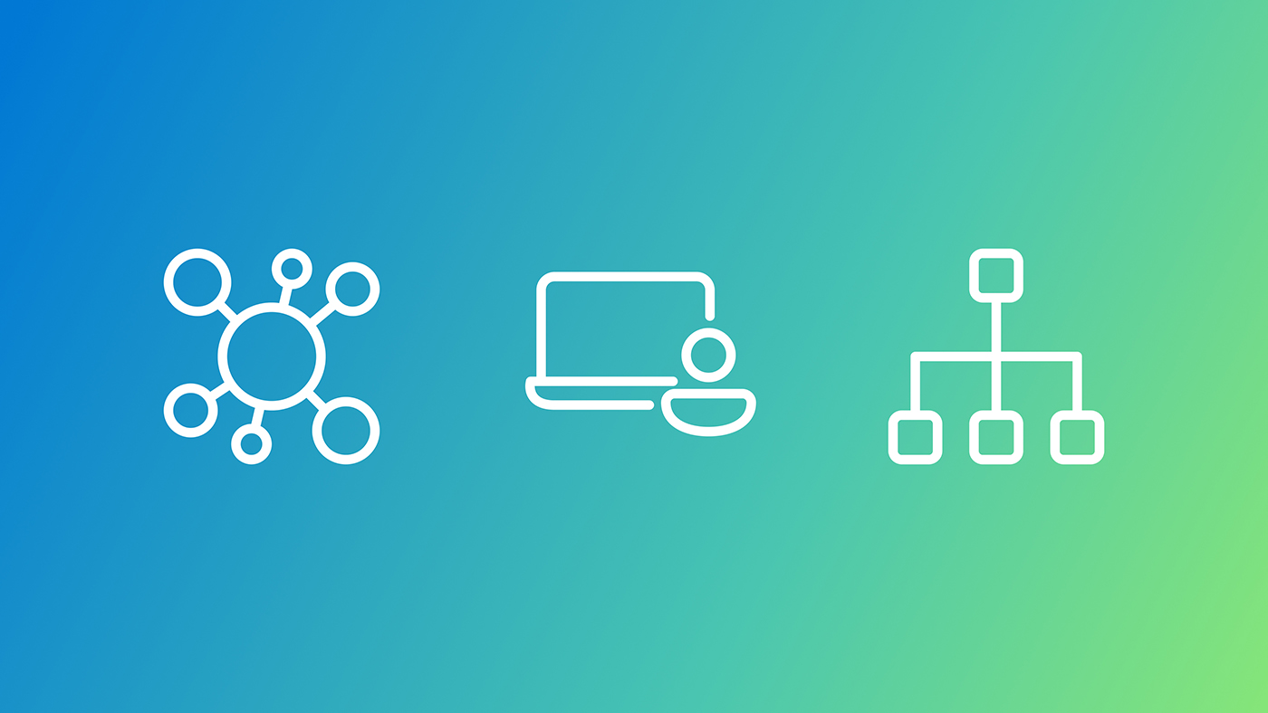The image features four white icons on a gradient background that transitions from blue on the left to green on the right. The first icon is a network or molecule structure with interconnected nodes. The second icon shows a stylized person in front of a computer screen. The third icon shows an organization tree with one main node and three nodes branching out side by side below it.