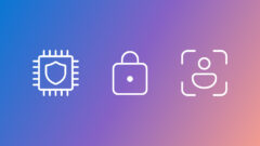 Three white line icons on a gradient background transitioning from blue to pink. From left to right: icon representing a computer chip, padlock icon, an avatar icon