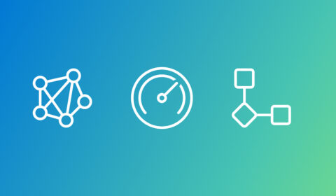 Three white icons on a gradient background transitioning from blue to green. From left to right: a network of interconnected nodes, a speedometer with the needle pointing right, and a flowchart with squares and a diamond shape.