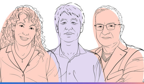 Illustrated headshots of Carey Goldberg, Peter Lee, and Dr. Isaac Kohane.