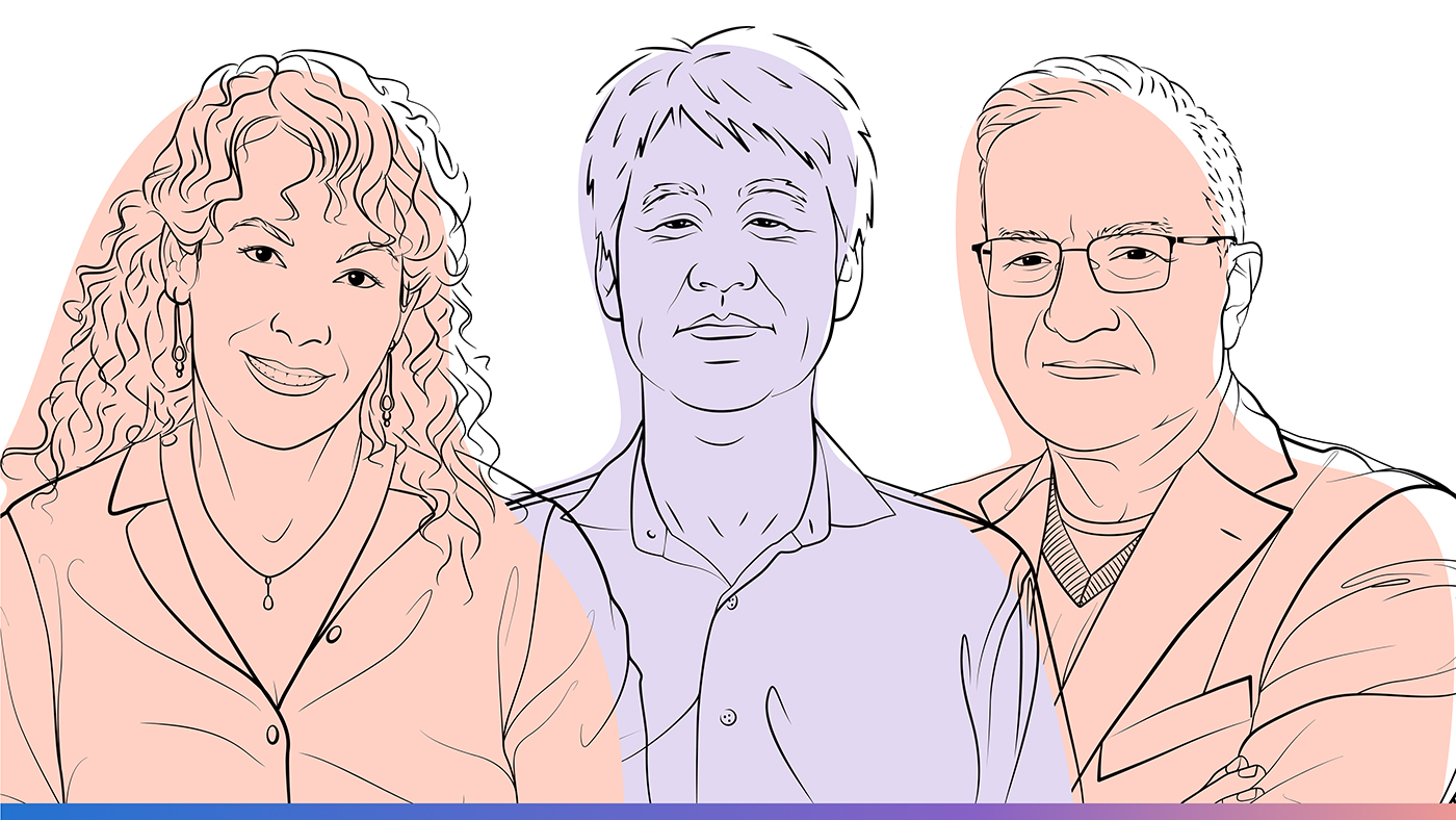 Illustrated headshots of Carey Goldberg, Peter Lee, and Dr. Isaac Kohane.