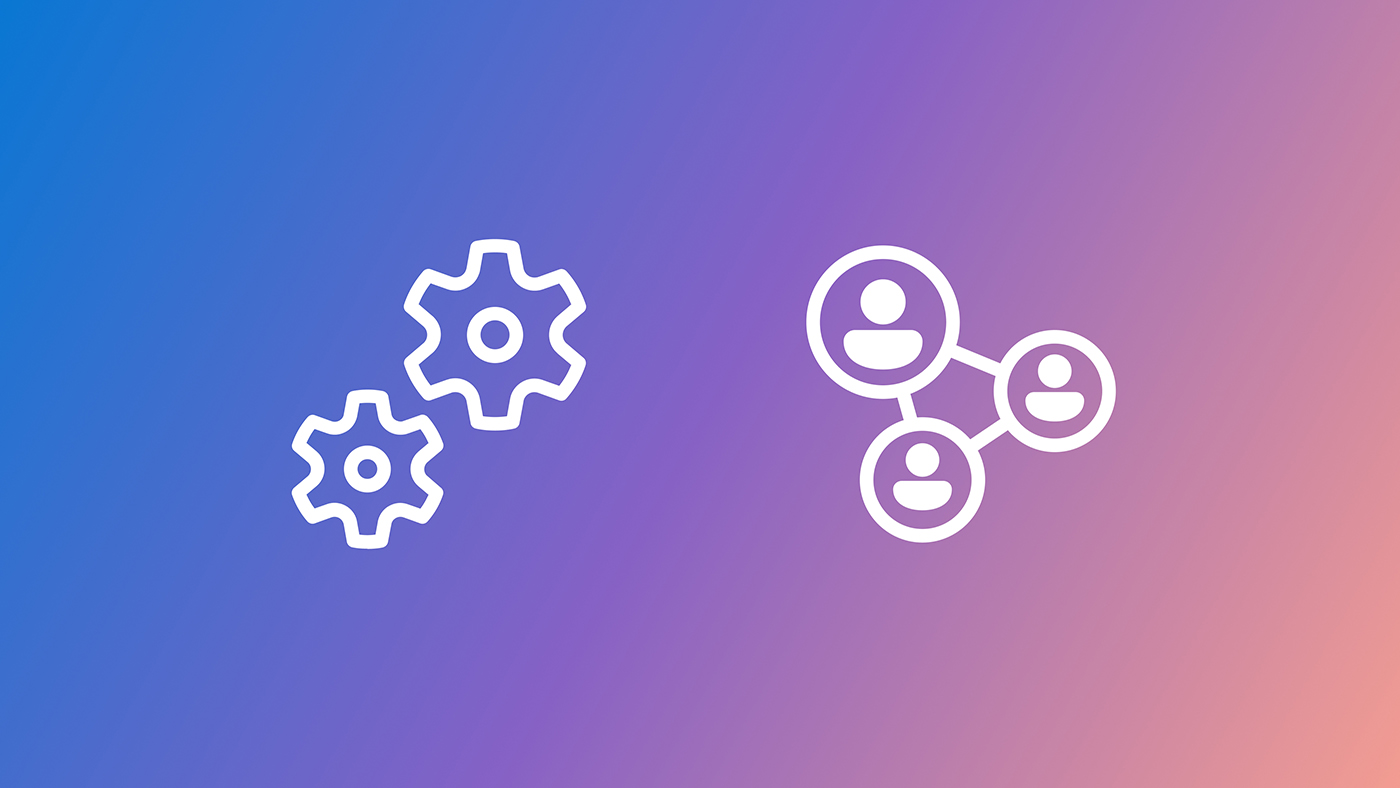 Two white line icons on a gradient background transitioning from blue to pink. From left to right: icon representing a set of gears; an icon representing three connected nodes each containing a user icon.