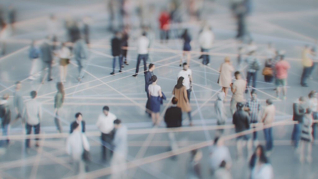 LINGUA Open Call | overhead view of people rushing through an open space