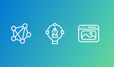 Three white icons on a gradient background transitioning from blue to green. From left to right: network node icon, lightbulb-shaped icon with a path tool icon in the center; a monitor icon showing a web browser icon