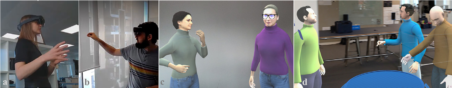 Four-panel collage showing mixed reality and virtual interaction: - Person wearing headset, gesturing with hands toward virtual objects. - Second person with headset, interacting with virtual interface. - Two virtual avatars, one in purple, one in green, appearing to converse. - Three avatars in a virtual room with tables, suggesting collaboration