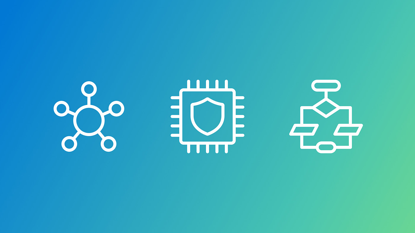 Three white icons on a blue-to-green gradient background: the first icon shows a circle with connected nodes, the second shows a circuit, and the third shows a flowchart