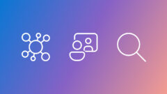 Three white icons on a blue-to-purple gradient background: the first icon shows a node cluster, the second shows a person in front of a screen with another person, the third is a magnifying glass