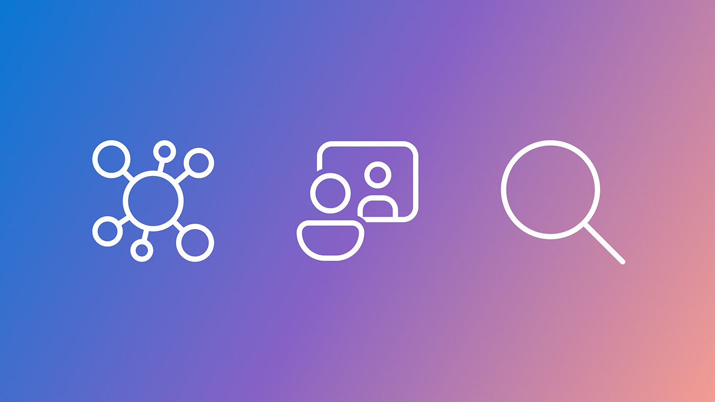 Three white icons on a blue-to-purple gradient background: the first icon shows a node cluster, the second shows a person in front of a screen with another person, the third is a magnifying glass