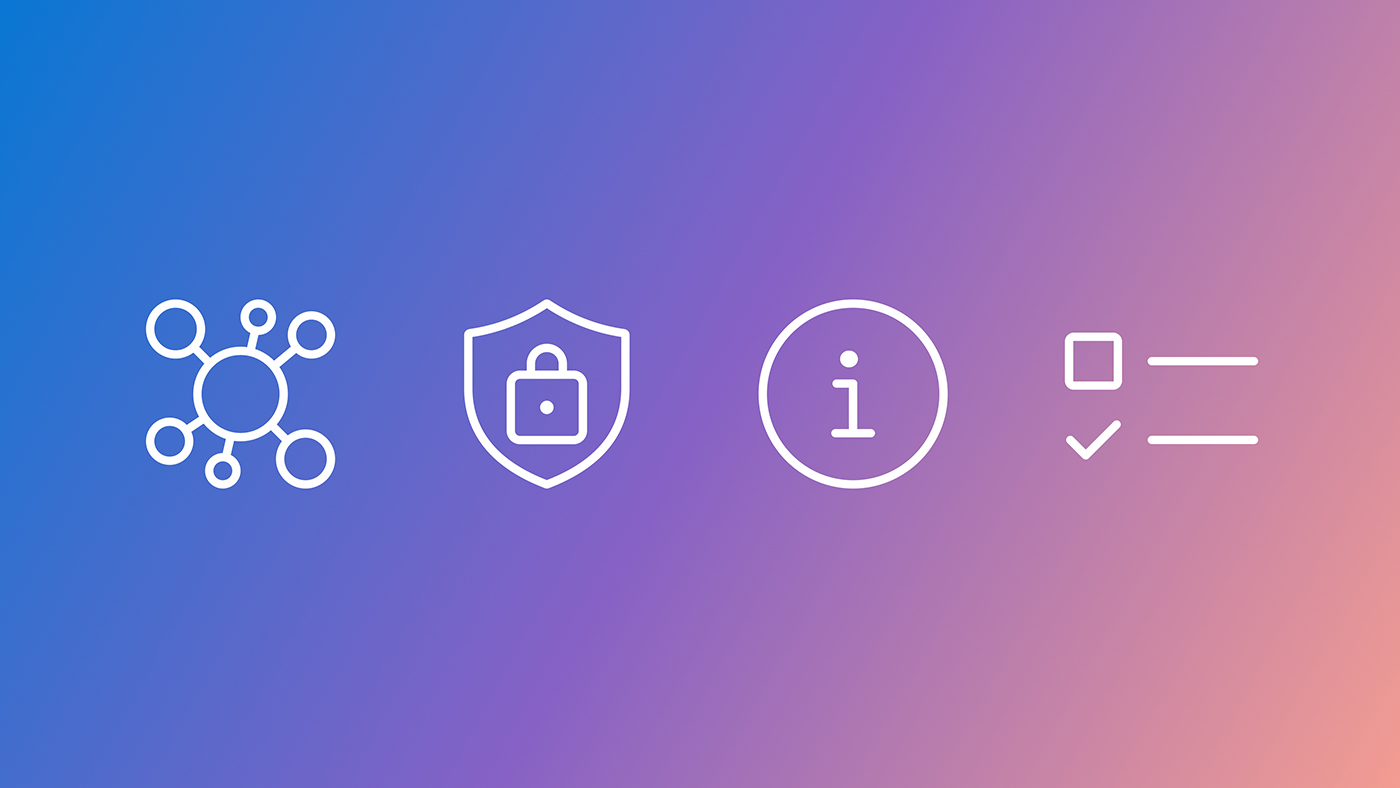 Four white line icons on a blue-to-orange gradient background: a network node icon, a security shield with padlock icon, an information icon, a checklist icon