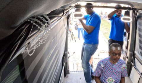 3D Telecommunications | A combined team of technicians from ECL Global and Korle Bu Teaching Hospital in Ghana prepares the mobile 3D Telemedicine installation for use in Koforidua, Ghana.