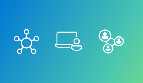 Three white line icons on a blue-to-green gradient background: a hub-and-spoke network symbol on the left, a laptop with a user icon in the center, and a connected group of three user icons on the right.