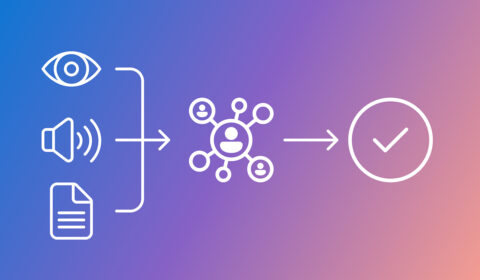 Diagram showing visual, audio, and document icons feeding into a central network icon of connected people, which then leads to a checkmark symbol, all on a blue‑to‑purple gradient background.