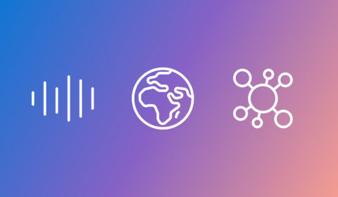 Three white line icons on a blue‑to‑purple gradient background: a vertical audio waveform on the left, a globe showing Africa and Europe in the center, and a network on the right.