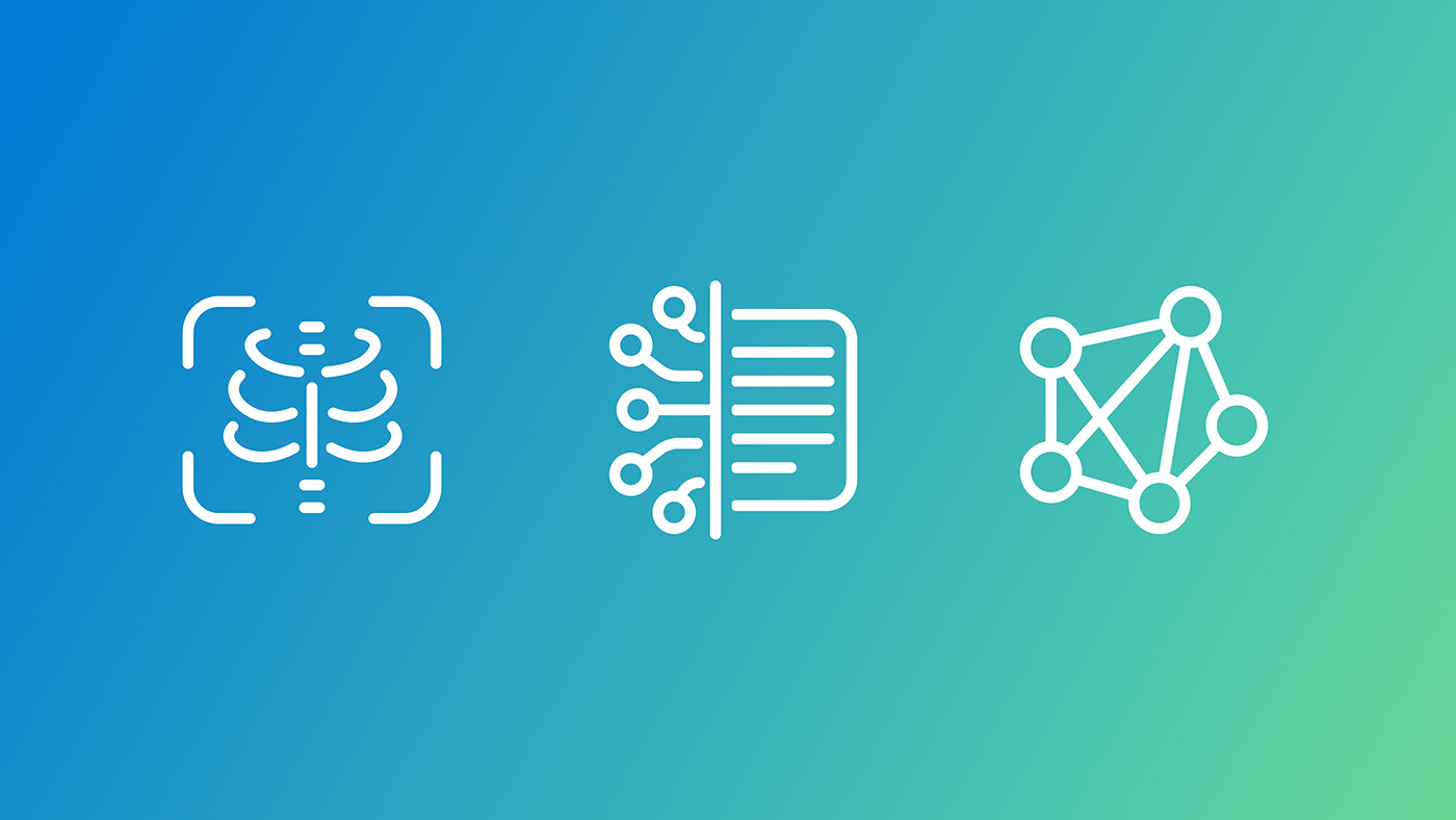 Three white icons on a blue‑green gradient: a ribcage scan, a circuit‑style document, and a neural network diagram