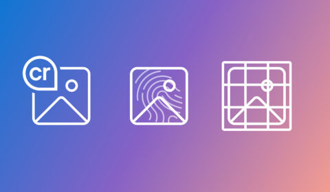 three white outline icons on a blue-to-pink gradient background: an image with a copyright “CR” badge, an image overlaid with fingerprint-like lines, and an image framed by a cropping grid.