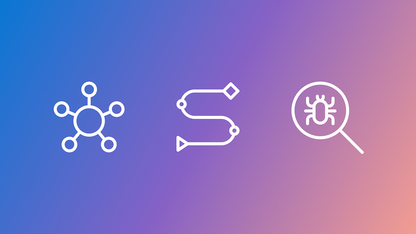 Three white line icons, showing network, workflow, and bug‑analysis icons, on a blue‑to‑purple gradient background.