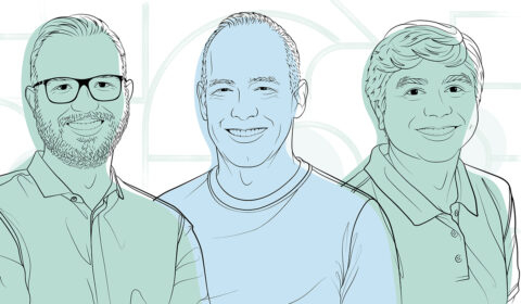 The Shape of Things to Come podcast | illustration of Nicolo Fusi, Doug Burger, and Subutai Ahmad