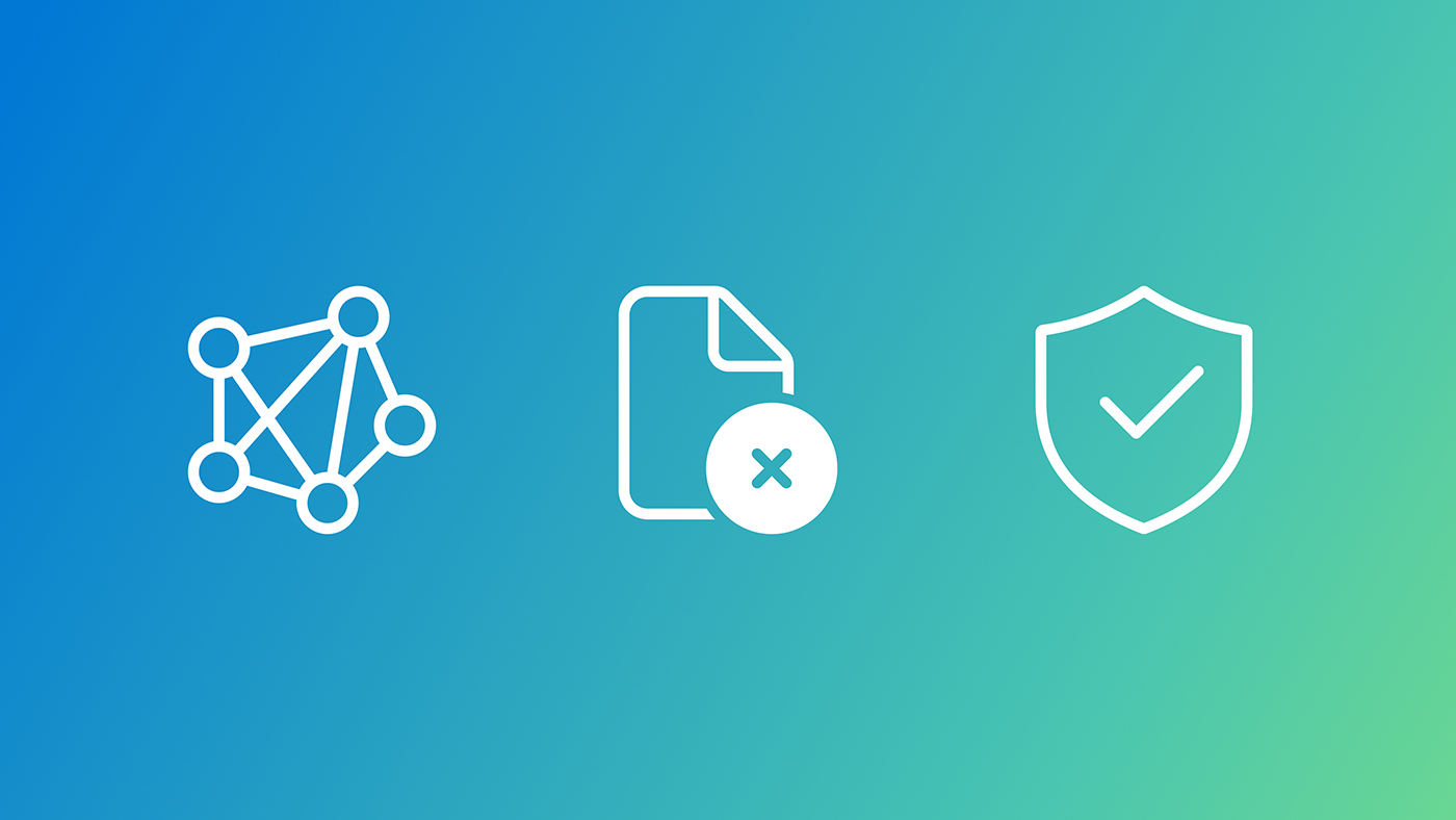three icons on a blue to green gradient background | connected node icon, document with an 'x' icon, shield with a checkmark icon