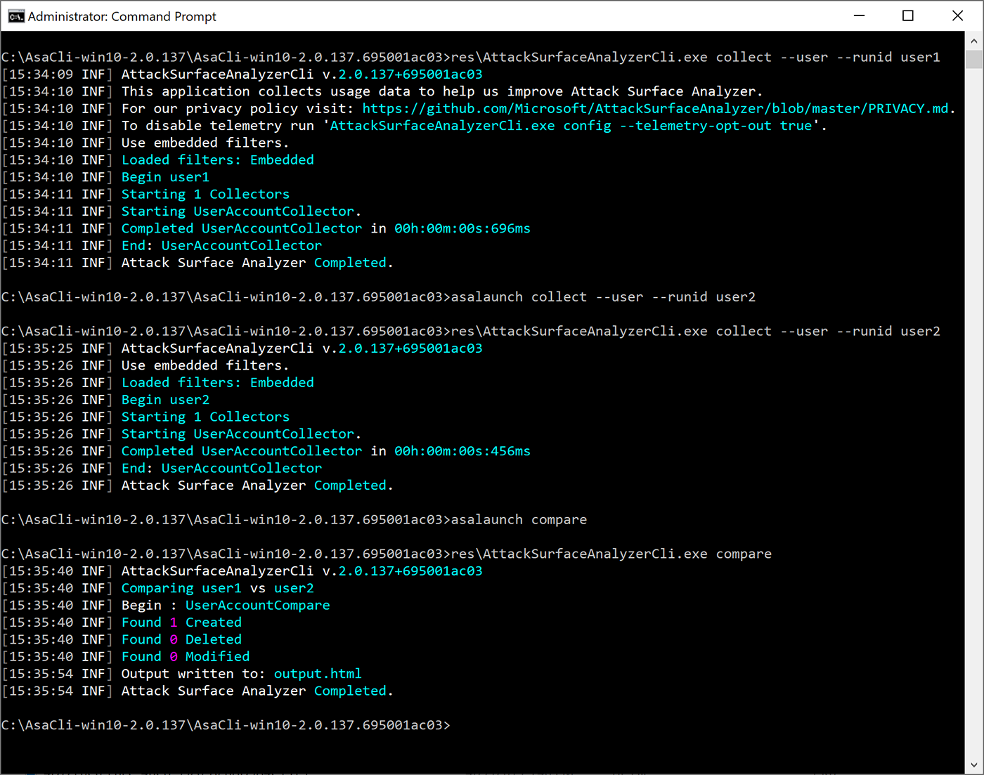 Results for the command line use option.