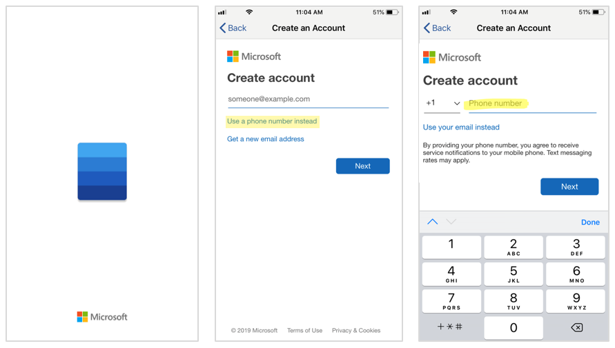 Creating a passwordless phone number Microsoft account for Word Mobile on an iOS device