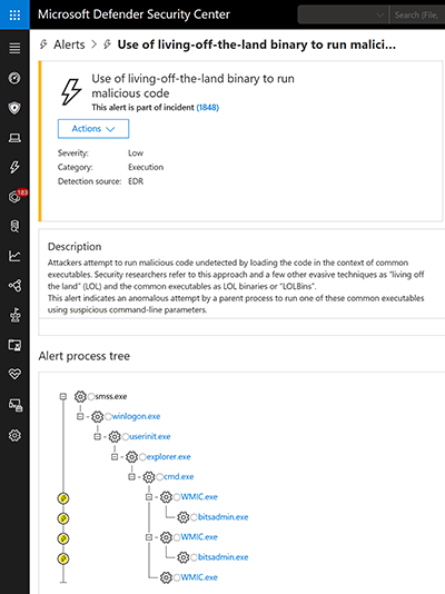 Alerts in Microsoft Defender Security Center showing detection of fileless techniques by antivirus and EDR capabilities