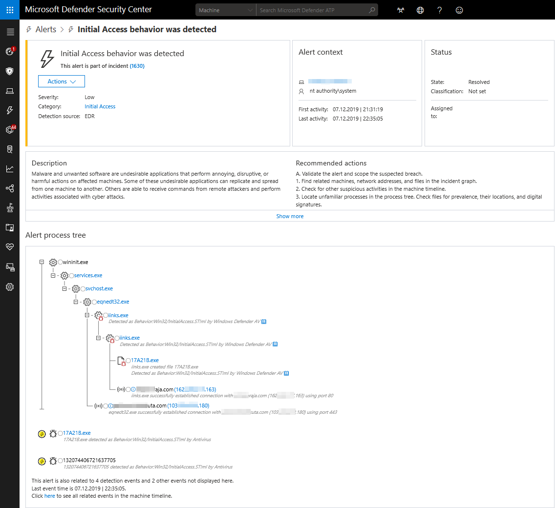 Alert for malicious behavior in Microsoft Defender Security Center