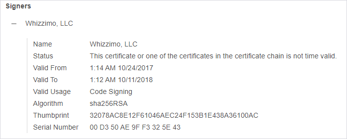 Image showing "Signers" using in the credential dumping tool signed using a stolen Whizzimo, LLC certificate.