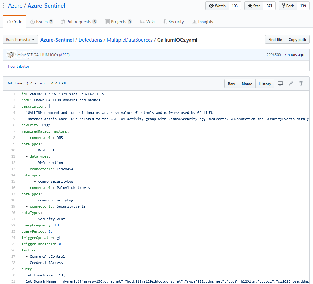 Image showing an Azure Sentinel query of GALLIUM indicators.