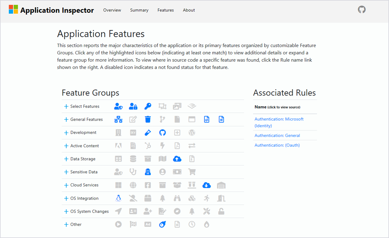 Image of Feature Groups in Microsoft Application Inspector.