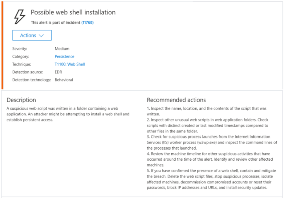 Sample Microsoft Defender ATP alerts related to web shell attacks