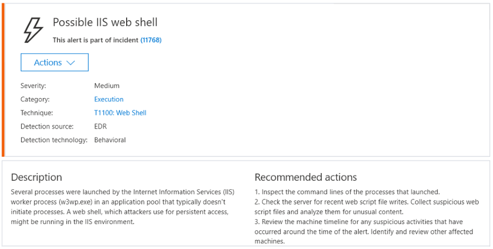 Sample Microsoft Defender ATP alerts related to web shell attacks