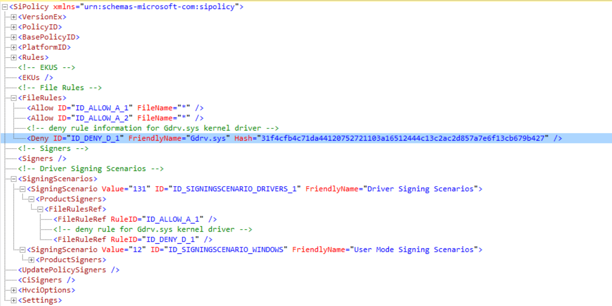 Custom blocklist that blocks the vulnerable driver GDRV.sys