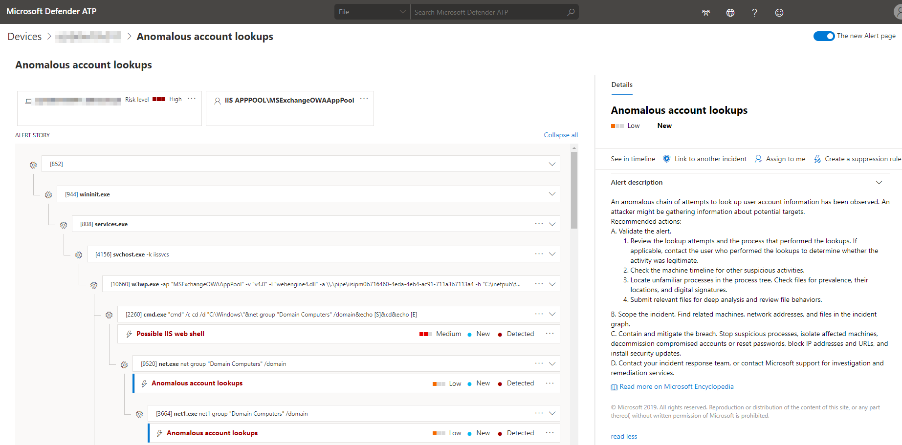 Microsoft Defender ATP alert showing process tree for anomalous account lookups