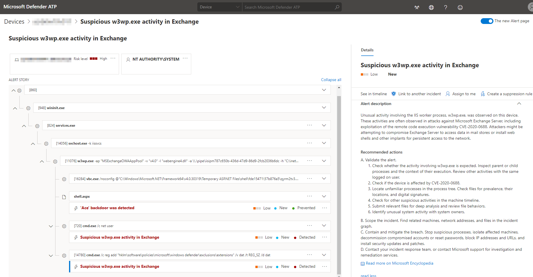 Microsoft Defender ATP alert and process tree for suspicious w3wp.exe activity in Exchange