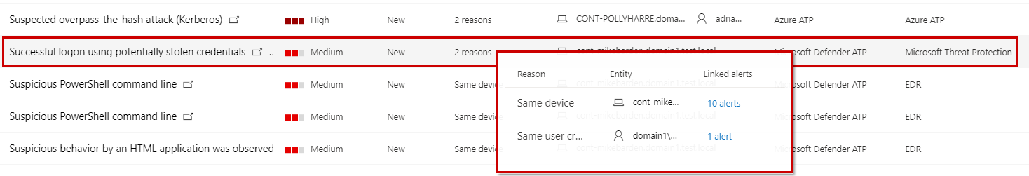 Screenshot of Microsoft security center showing list of alerts and highlighting the correlation-driven alert "Successful logon using potentially stolen credentials"