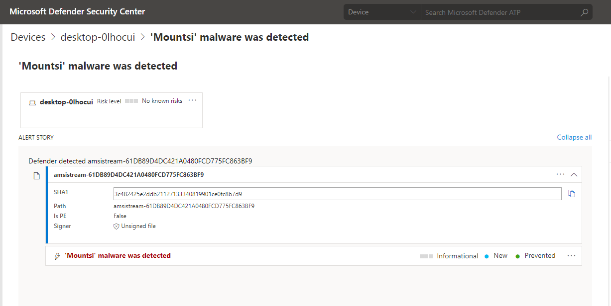 Microsoft Defender Security Center alert showing detection of Invoke-Kerberoast.ps1