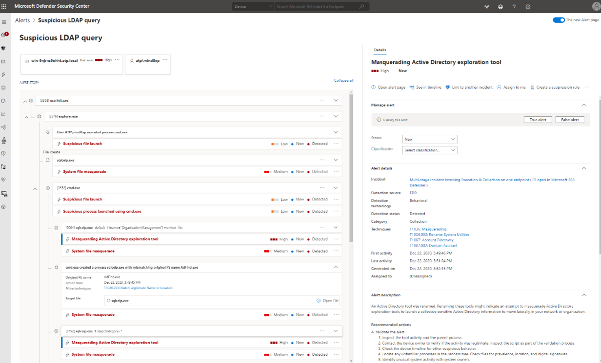 Screenshot of Microsoft Defender Security Center alert for detection of exploration tools