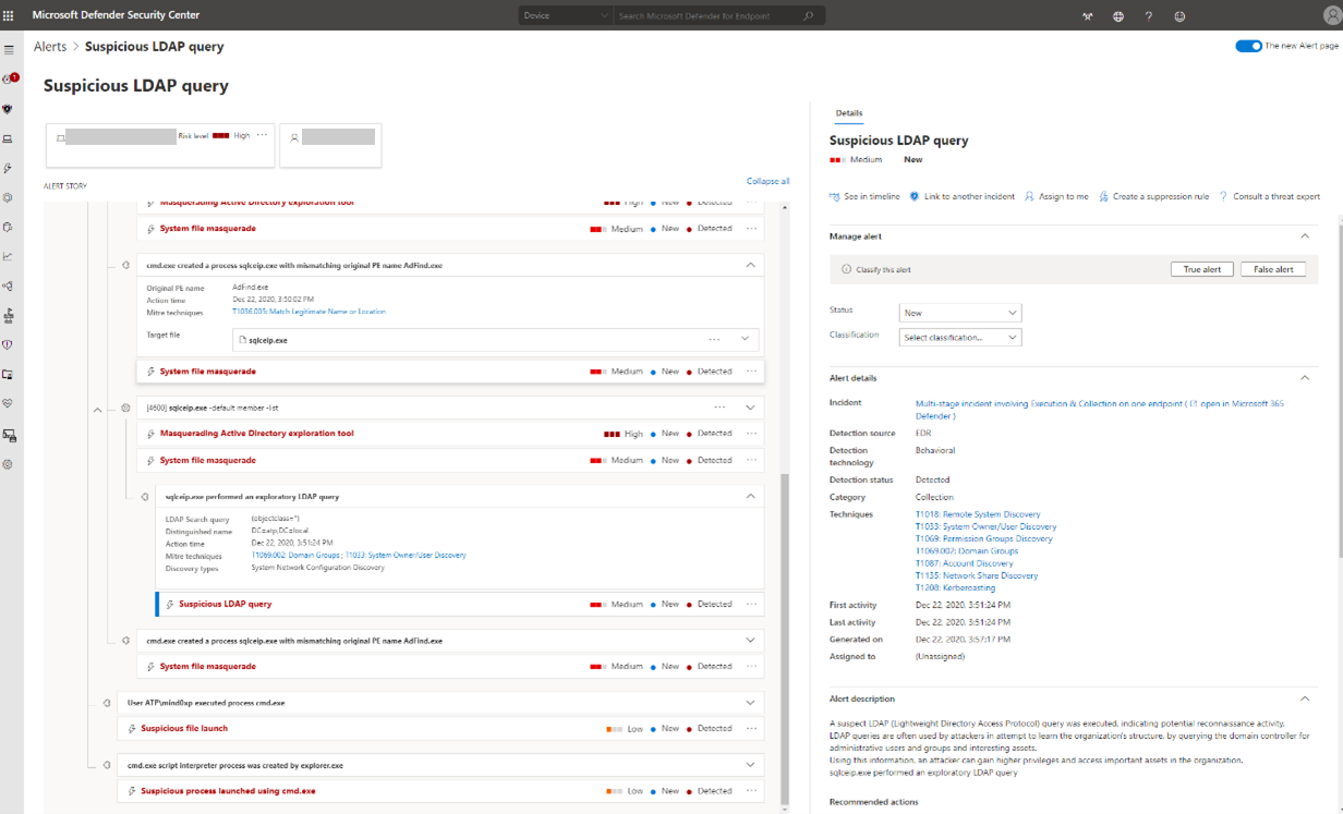 Screenshot of Microsoft Defender Security Center alert for detection of LDAP queries