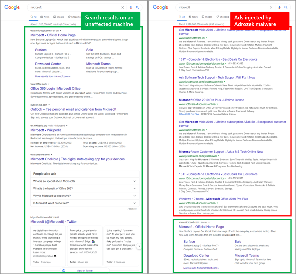 Screenshot of search results page on an affected machine and one affected by Adrozed