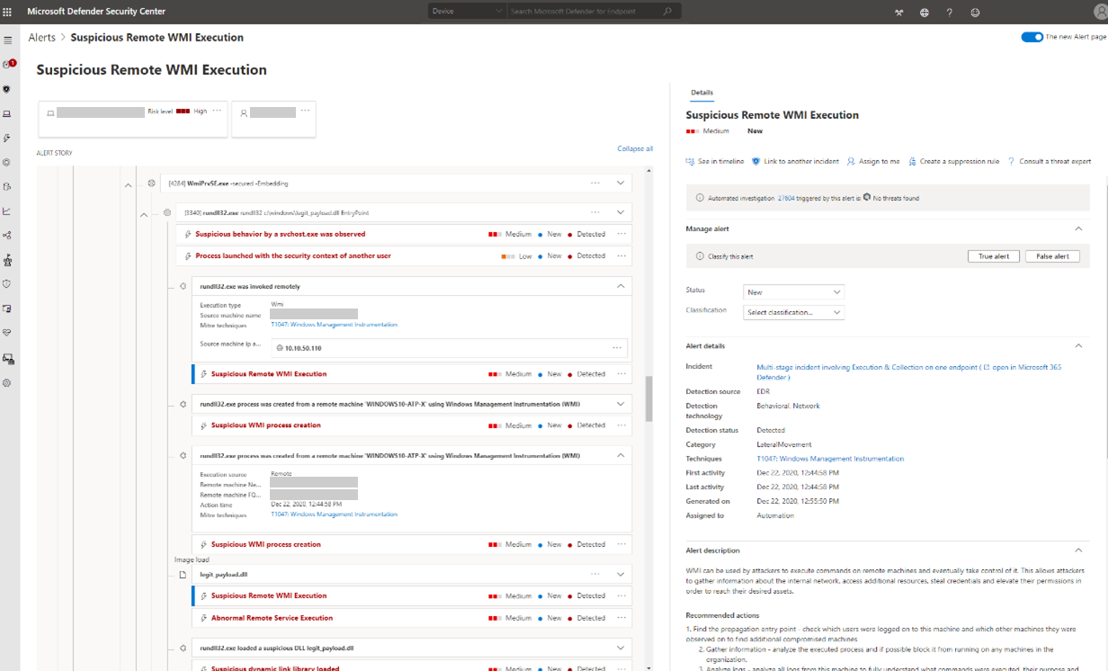 Screenshot of Microsoft Defender Security Center alert for detection of remote WMI execution