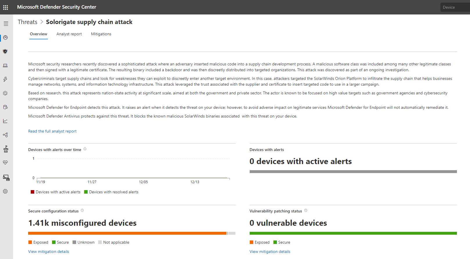 Screenshot of threat analytics report on Soloriage in Microsoft Defender Security Center